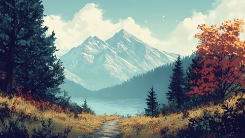 Mountain lake path through autumn forest landscape.