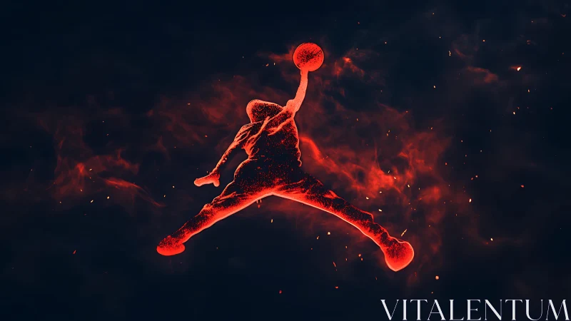 Fiery red basketball silhouette in dynamic jump pose.