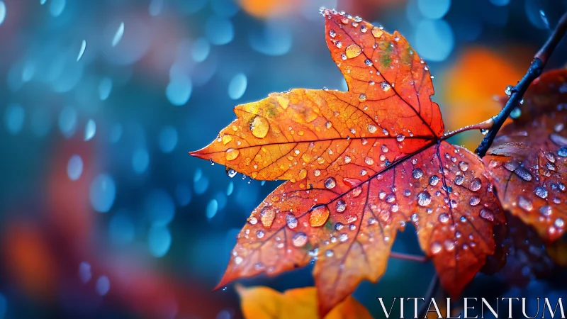 Autumn maple leaf glows under cool rain bokeh light.