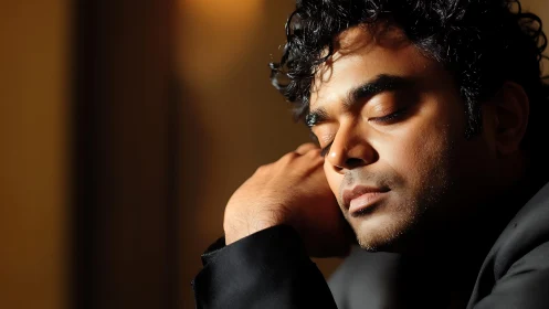 Softly sleeping dreamer in honeyed evening light.