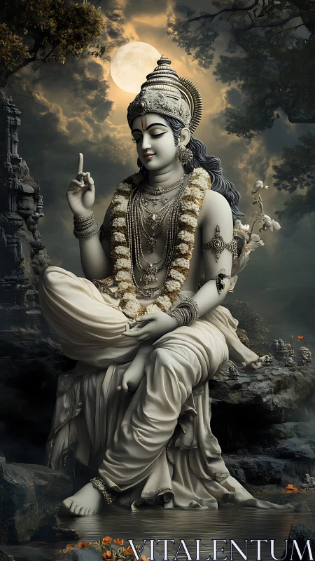 Moonlit divine figure in detailed garlands by reflective water