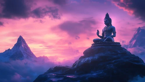 Mountain-top deity statue under saturated magenta twilight sky