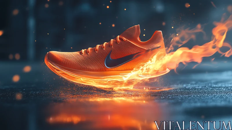 Orange running shoe with flame effects on wet reflective ground.