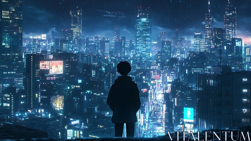 Solitary figure studies neon city skyline in midnight rain