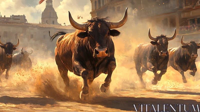 Charging bulls storm sunlit plaza in cinematic dust clouds.