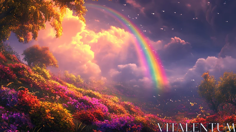 Dreamy rainbow valley glowing with soft evening light.