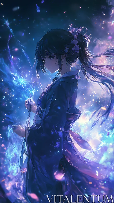 Midnight sorceress in glowing blue kimono aura.
