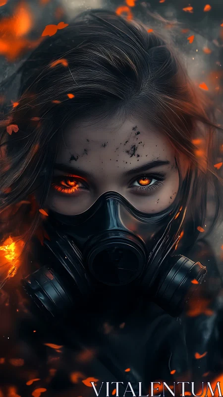 Post-apocalyptic portrait isolates subject with gas mask and embers