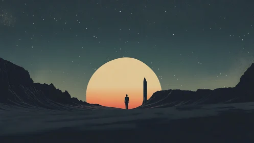 Silhouetted figure by monolith before large setting sun.