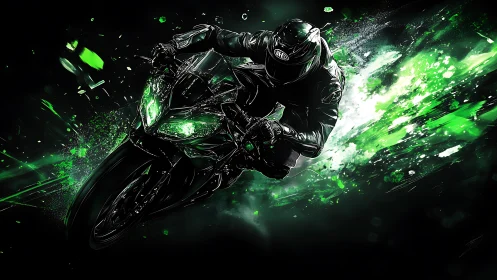 Neon green superbike rider in dynamic digital speed burst.