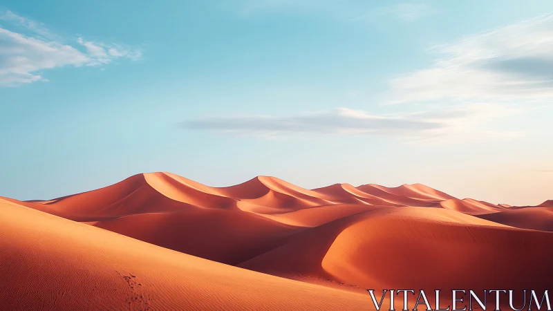 Sunlit desert sand dunes under clear sky panorama.