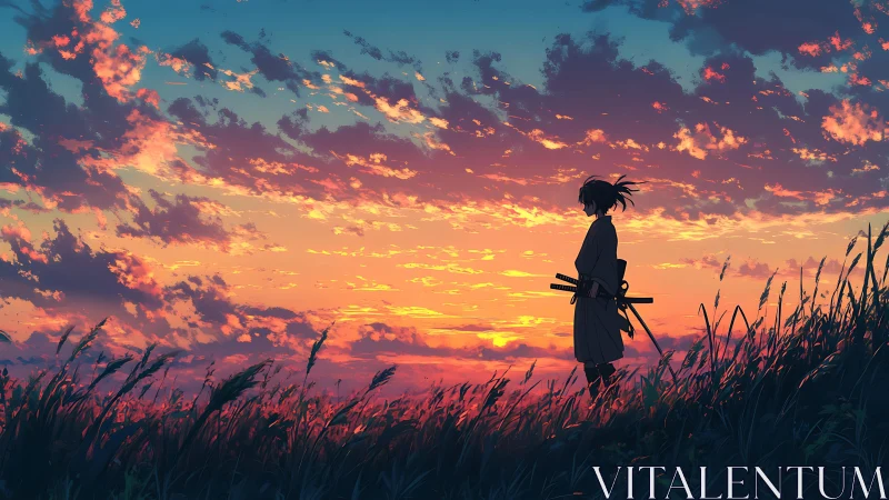 Samurai silhouette standing in grass at vivid sunset.
