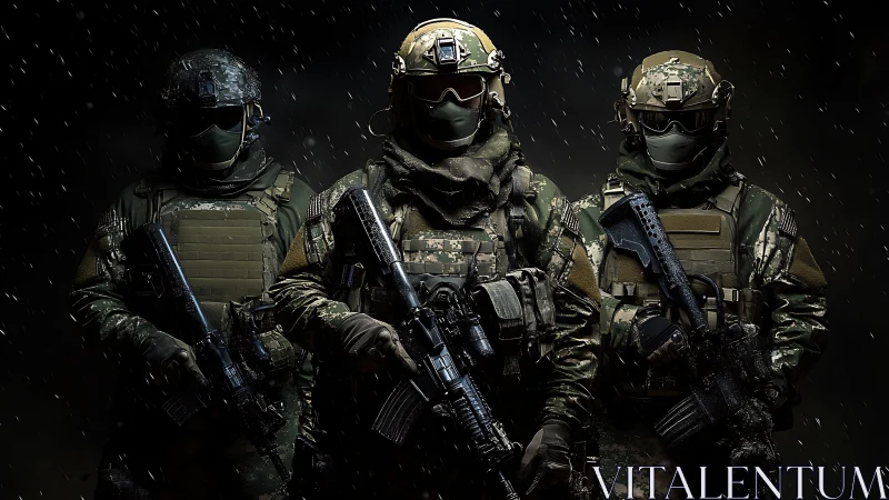 Special forces squad in tactical gear under falling rain.