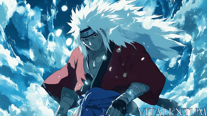 White haired anime warrior in red robe against blue sky.