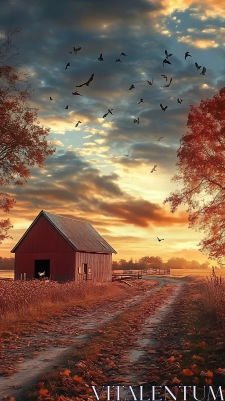 Barnside dusk reverie beneath a swirling autumn sky.