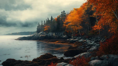 Autumn Coastline at Dusk. Rocky Shore Meets Fall Foliage.