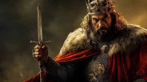 Medieval king in armor holding sword against dark backdrop.