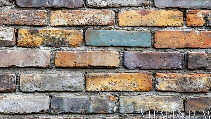Weathered multicolored brick wall with rustic texture, urban style.