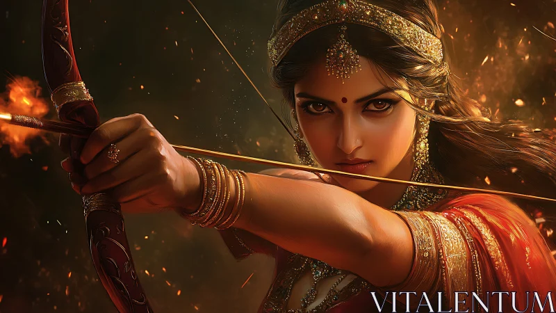 Female archer draws flaming arrow with controlled precision