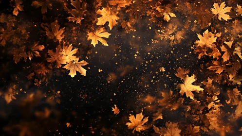 Golden autumn maple leaves scattered on dark background.