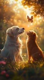 Sunlit puppy lesson under a wandering butterfly glow.