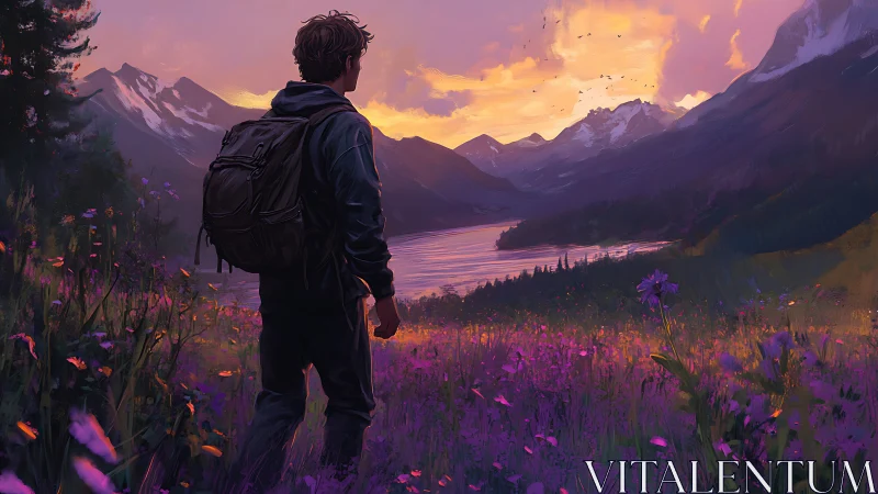 Hiker observes sunset over mountain lake from flower field