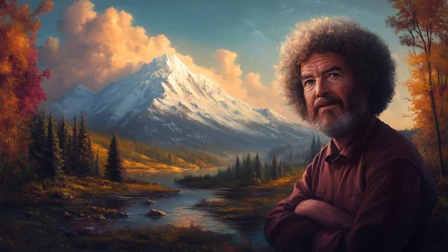 Portrait beside luminant alpine river under volumetric clouds.