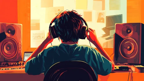 Music producer immerses in colorful studio soundscape.