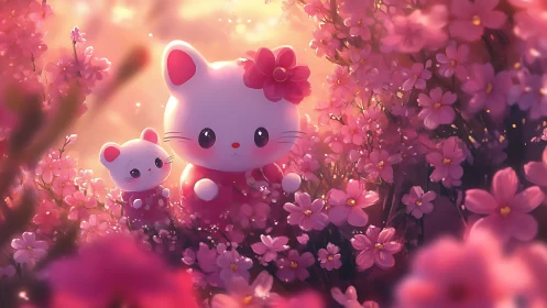 Kawaii cat duo wander through glowing pink blossom meadow.