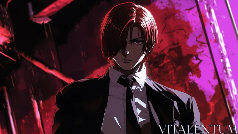 Red-haired anime antihero stands in neon-lit ruin at night.