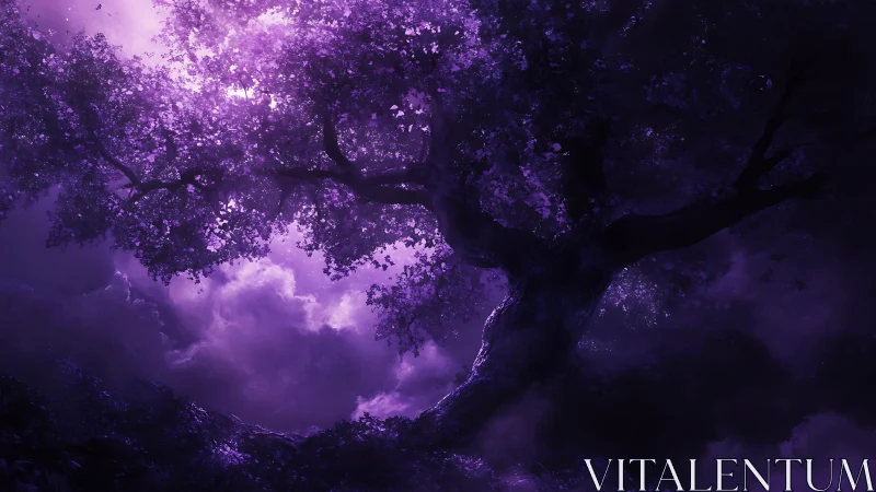 Bioluminescent purple tree canopy against luminous storm clouds
