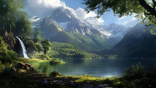 Sunlit alpine lake rests beneath calm snow crowned peaks