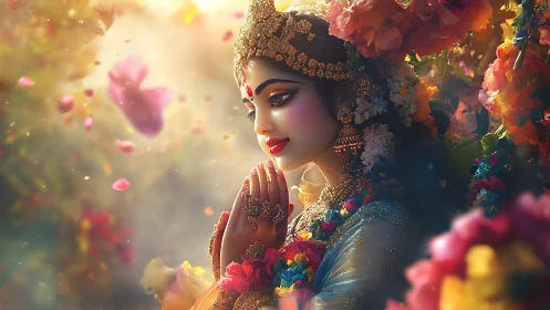 Divine goddess portrait amid radiant floral blossoms.