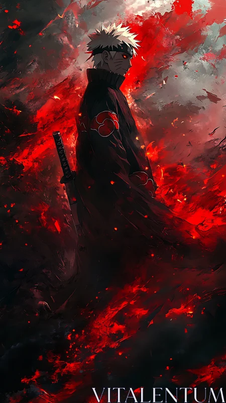 Anime warrior in black cloak stands in swirling red flames