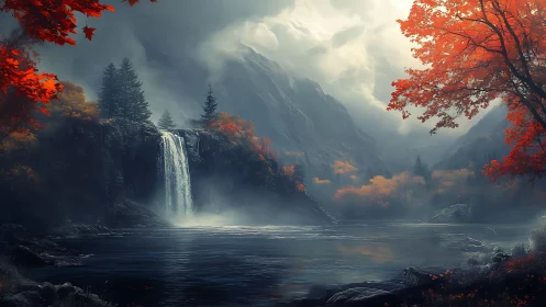 Misty mountain waterfall framed by vivid autumn forest.
