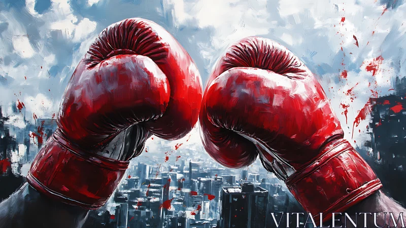 Red Boxing Gloves Overlaid Urban Skyline Composition