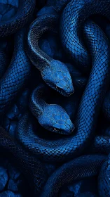 Twin cobalt serpents coil over dark stone in hyperreal detail