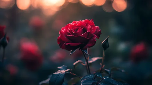 Crimson Rose with Dewdrops, Bokeh Illumination, Nocturnal Garden Setting