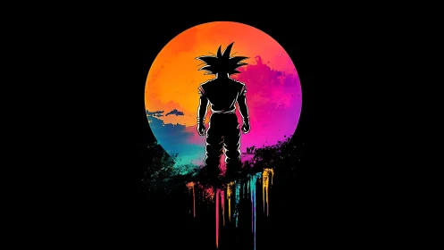 Silhouetted anime warrior before neon sunset sphere.