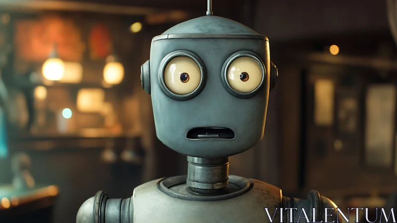 Wide-eyed metal robot in shallow-depth interior lighting study