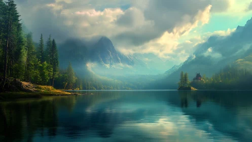 Mist-draped mountain lake cradling a secret forest manor.