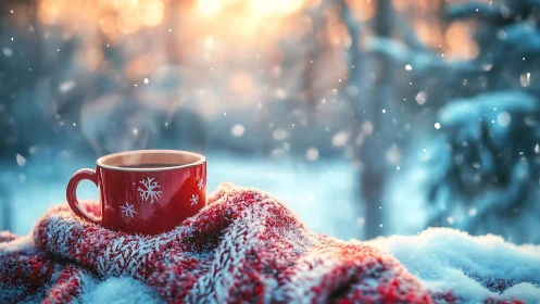 Cozy red mug rests on a snowy blanket in gentle winter light