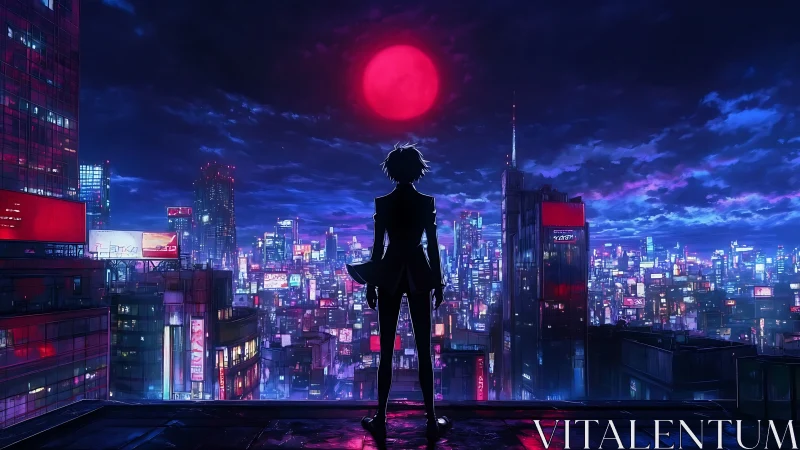 Lone figure surveys neon cyberpunk city beneath crimson moon.