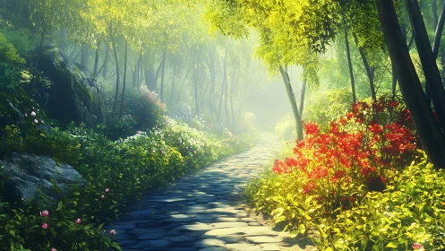 Enchanted Forest Path with Vibrant Floral Canopy.