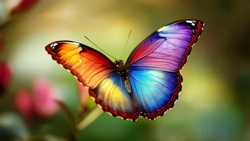 Colorful butterfly spreads iridescent wings over soft bokeh
