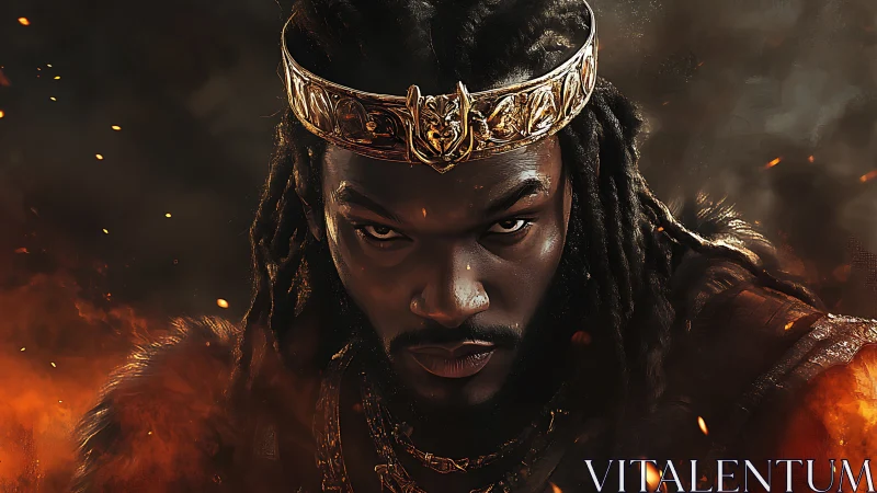 Regal figure with crown amid embers and dark background.