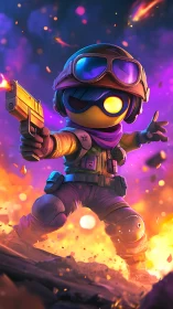 Cartoon soldier character with pistol in explosive battle