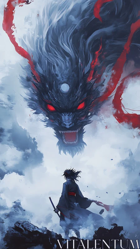 Stormborn swordsman confronts colossal crimson-eyed dragon.