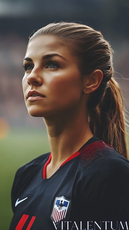 Focused soccer player framed in warm stadium light.