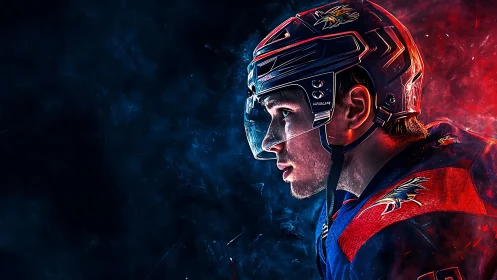 Hockey player profile under split red blue arena light.